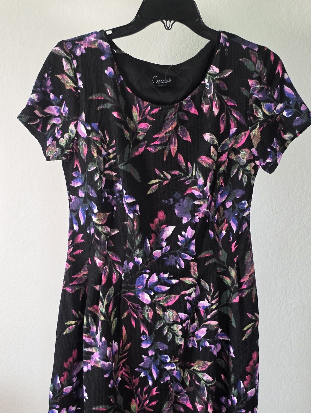 Connected Apparel Size 6 Black Floral Fit Flare A-Line Midi Dress Pink Purple - Picture 3 of 9